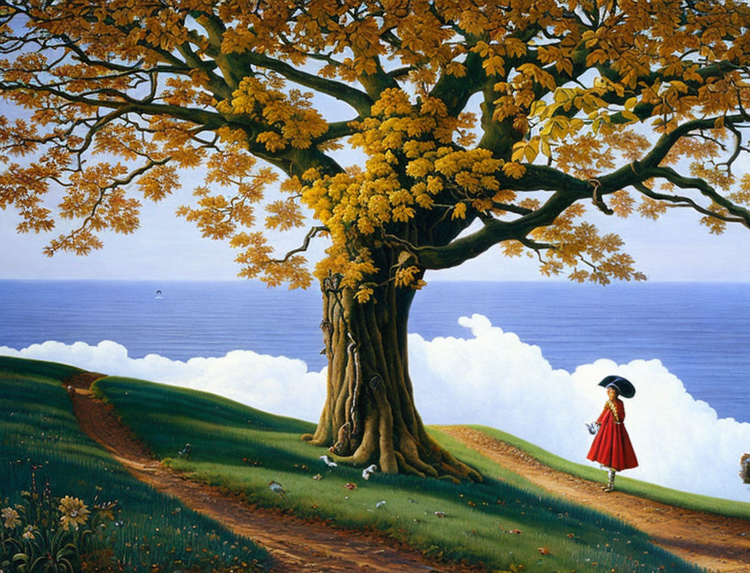 Woman in red dress under golden tree by cliff and sea with clouds and birds.