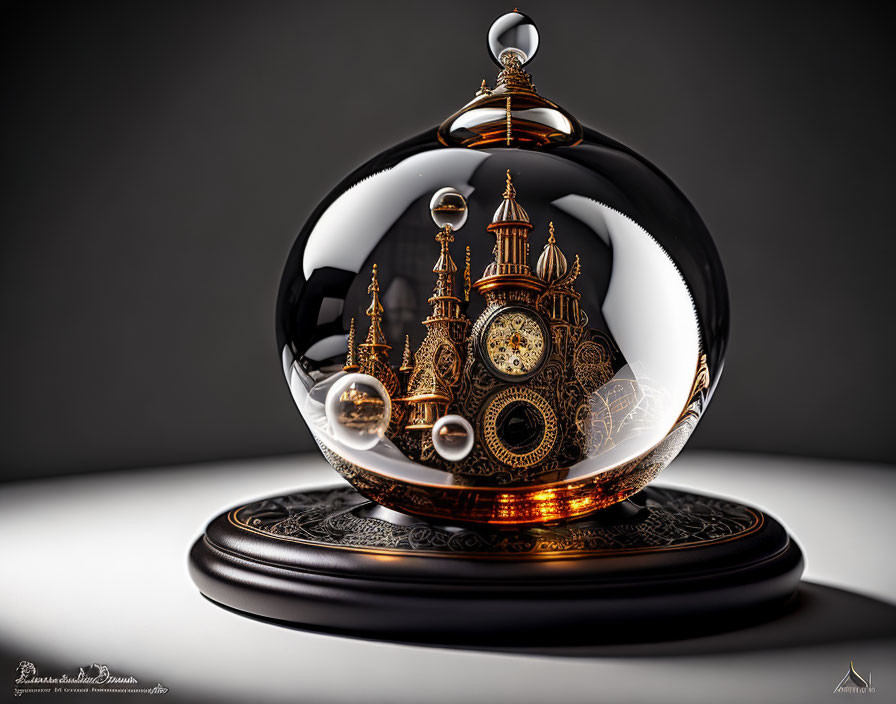 Steampunk-style cityscape in transparent spheres on dark gradient background