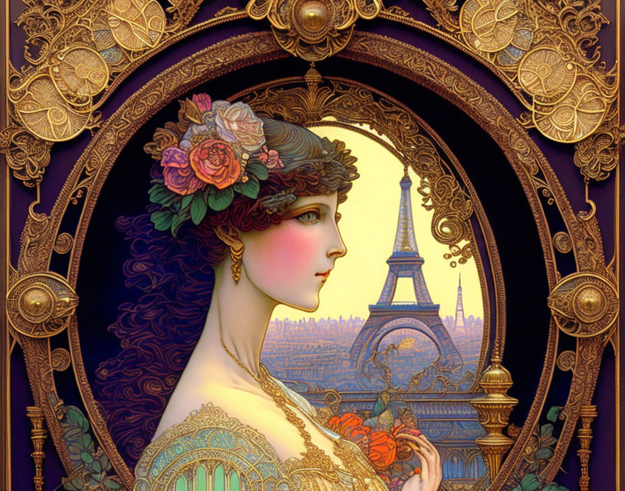 Woman with flower crown and roses, Eiffel Tower backdrop, ornate golden patterns