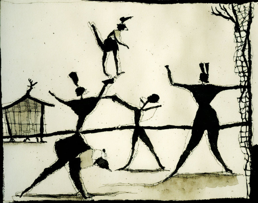 Ink drawing of figures on wire with bicycle, houses, and tree in background