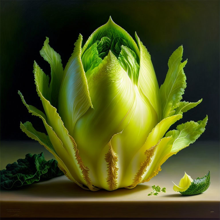 Hyper-realistic painting of vibrant green lettuce on dark background