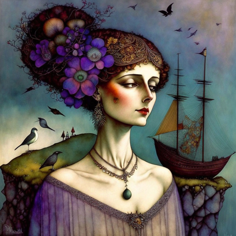 Stylized portrait of woman with flowers, ship, and birds in whimsical maritime scene