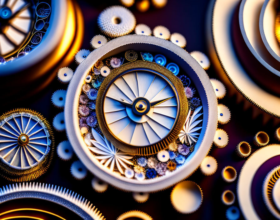 Detailed view of intricate watch gears and jewel embellishments on dark backdrop