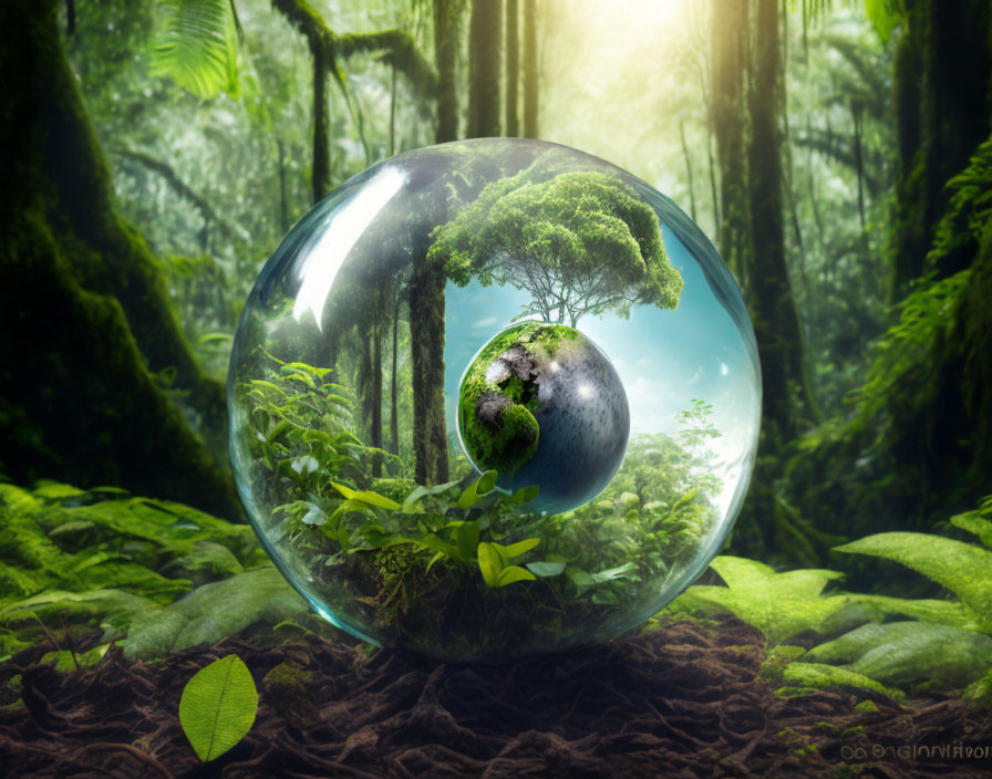 Transparent bubble in lush forest with miniature green world - nature and environment concept