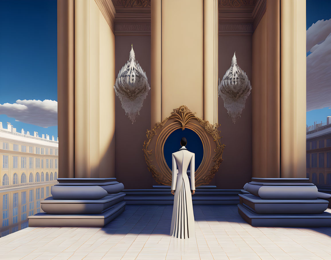 Woman in white dress at grand building entrance with cityscape view