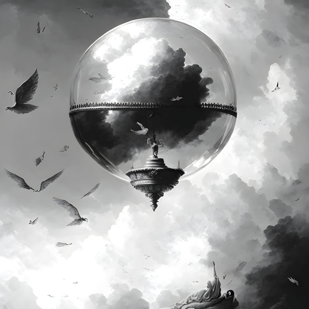 Monochromatic artwork: Birds flying around inverted city in transparent sphere