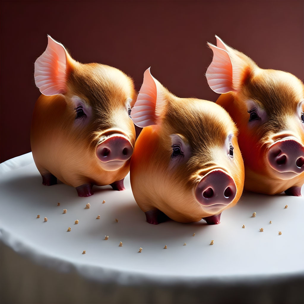 Whimsical piggy banks with angel wings on white surface against dark red background