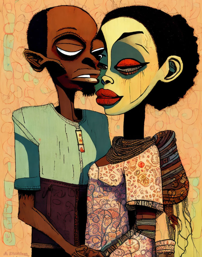 Stylized characters embrace in warm-colored artwork