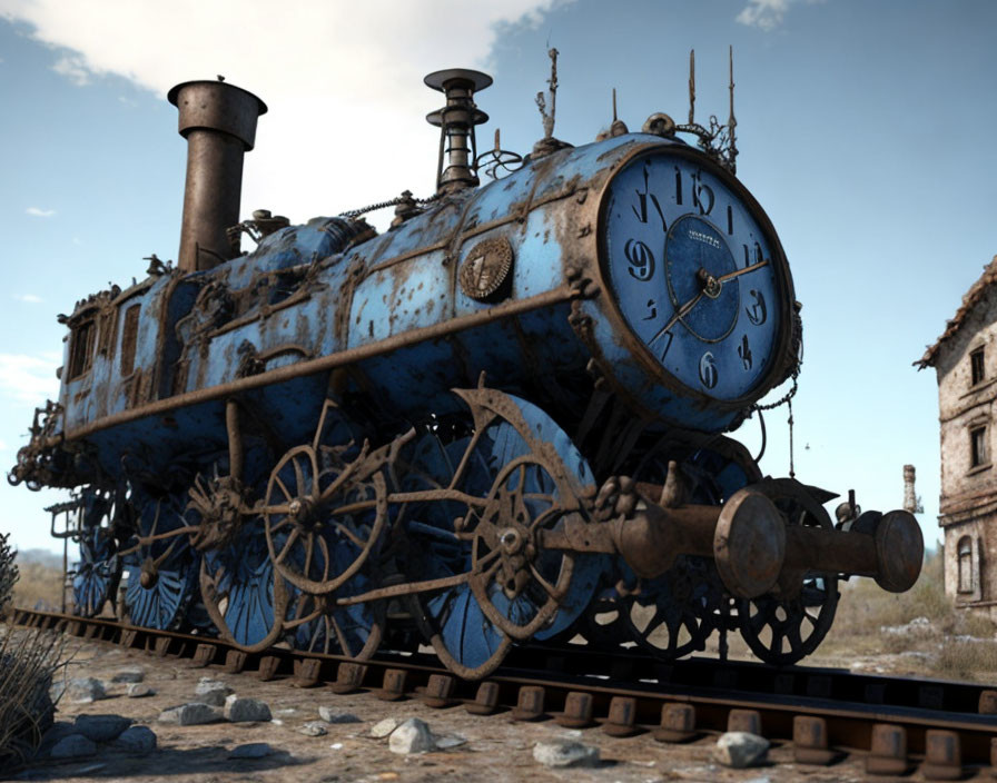 Abandoned blue steam locomotive on rusty tracks with dilapidated building in background