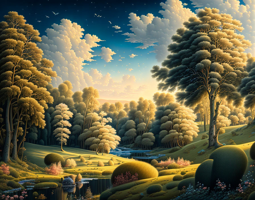 Tranquil fantasy landscape with golden trees, flowing river, and day-to-night sky