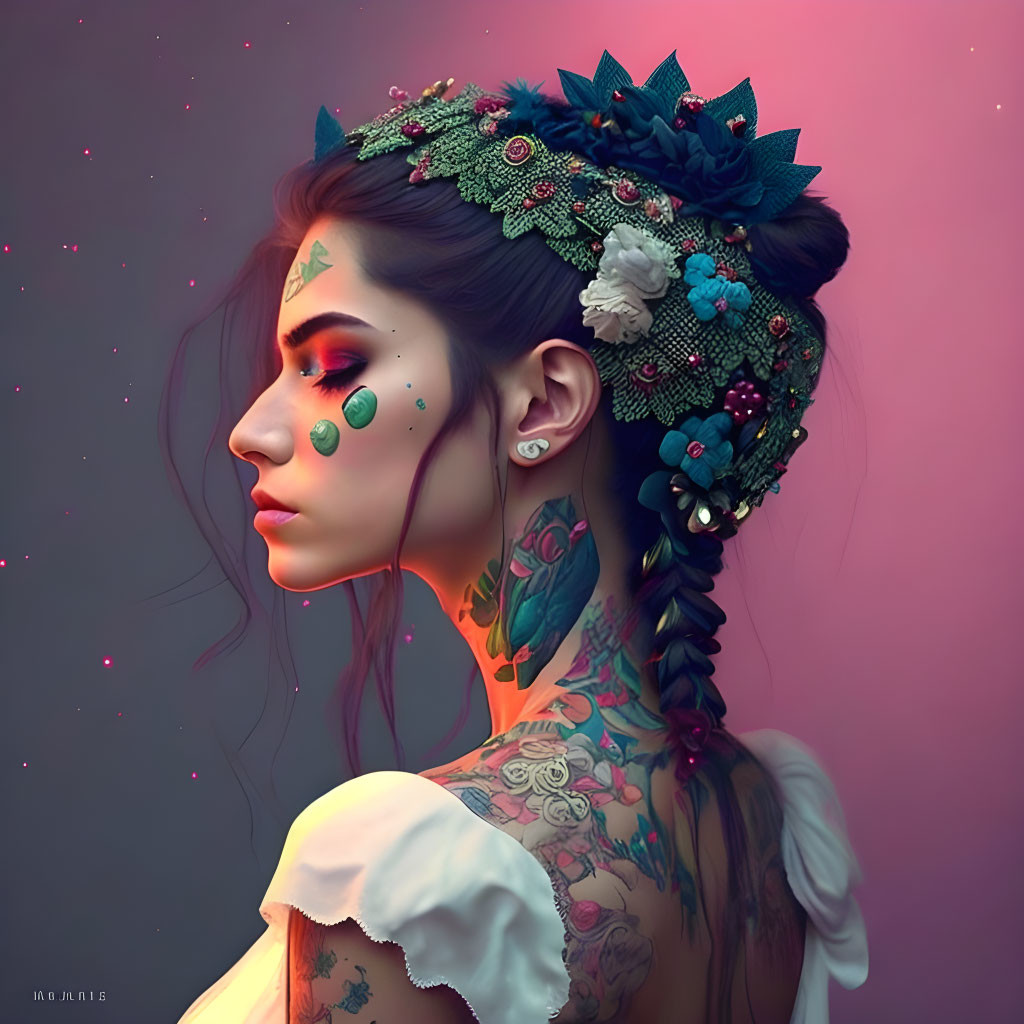 Digital artwork of woman with tattoos and floral headpiece on pink background