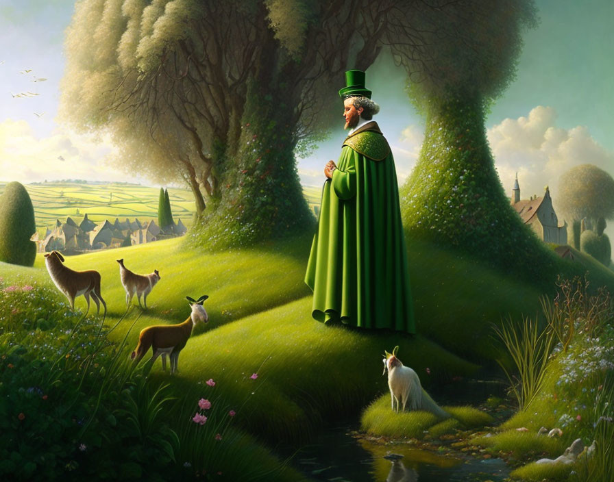 Man in green top hat and cloak in lush, fantastical landscape with deer and village