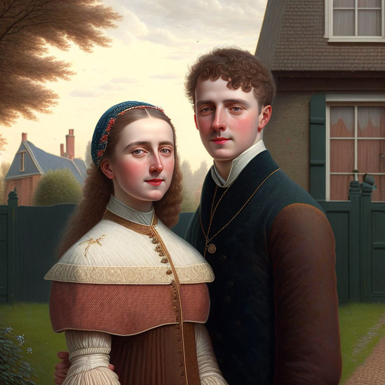 Historical portrait of a woman and man in vintage attire by a house.