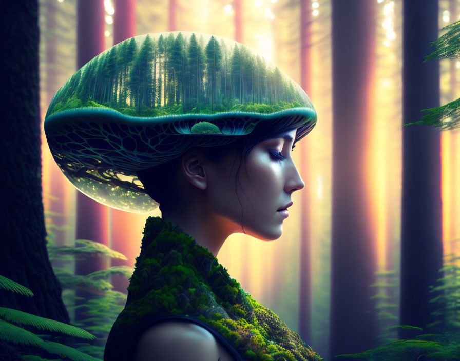 Serene woman with mushroom cap headpiece in misty woodland portrait