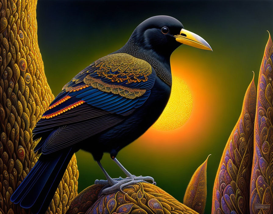 Colorful patterned black bird perched among foliage on orange backdrop