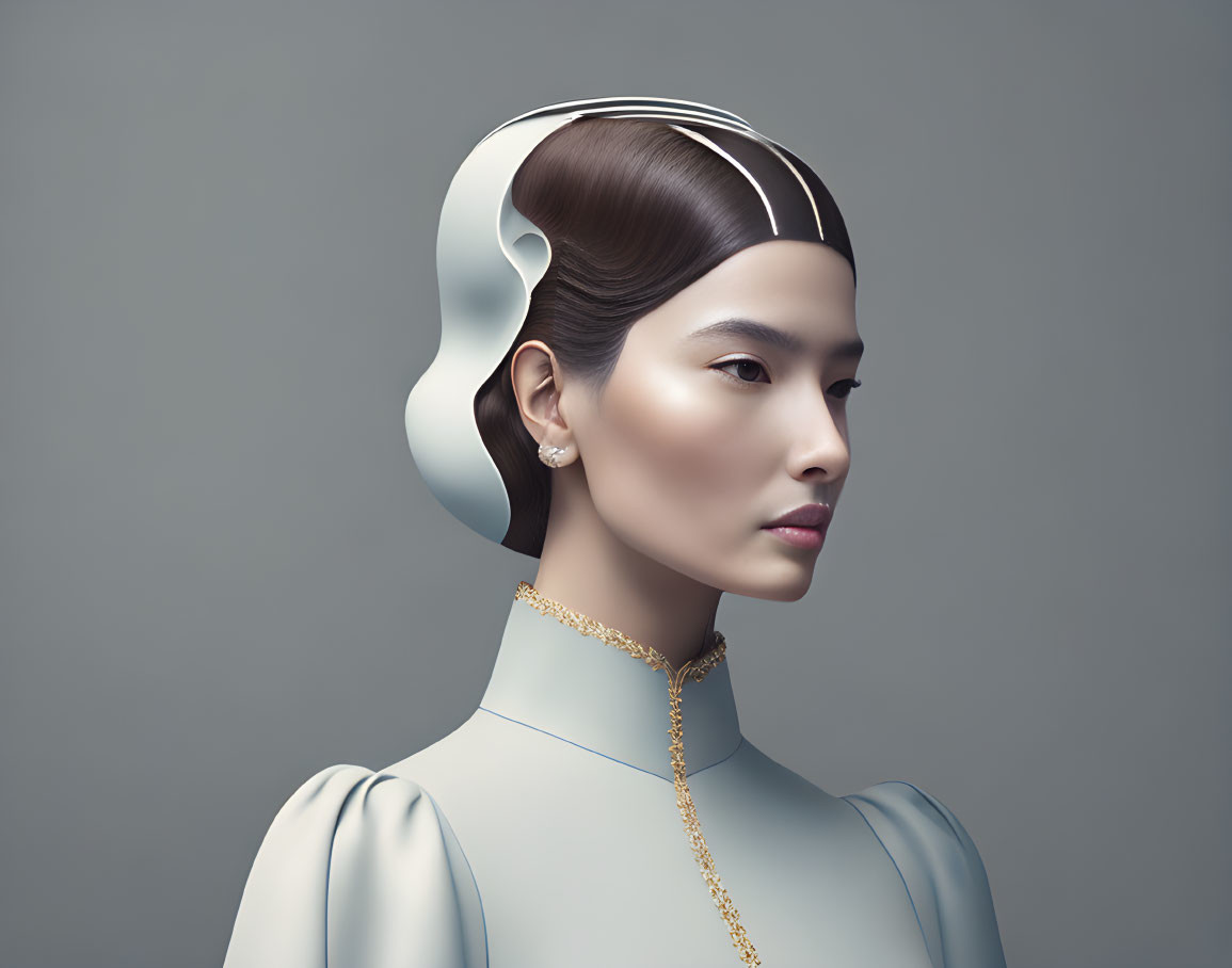 Futuristic hairstyle woman in pale blue high-collar outfit