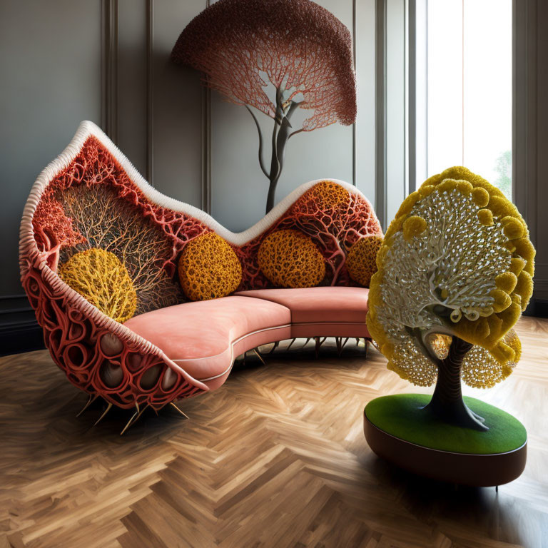 Artistic Room with Coral-Inspired Couch, Tree-Shaped Chair, and Yellow Canopy on