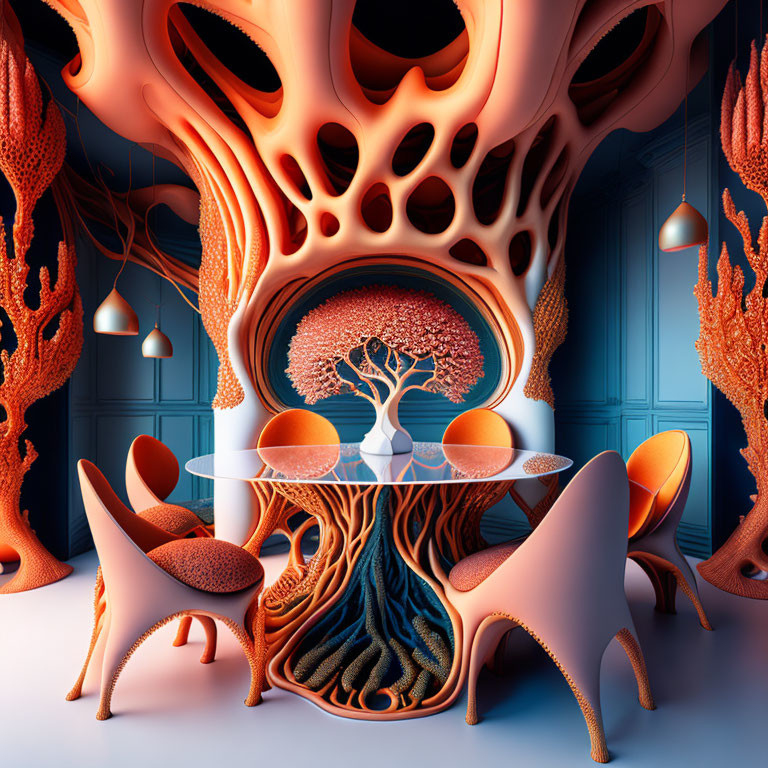 Vibrant surreal room with coral-like structures, tree wall design, glass table, unique chairs,