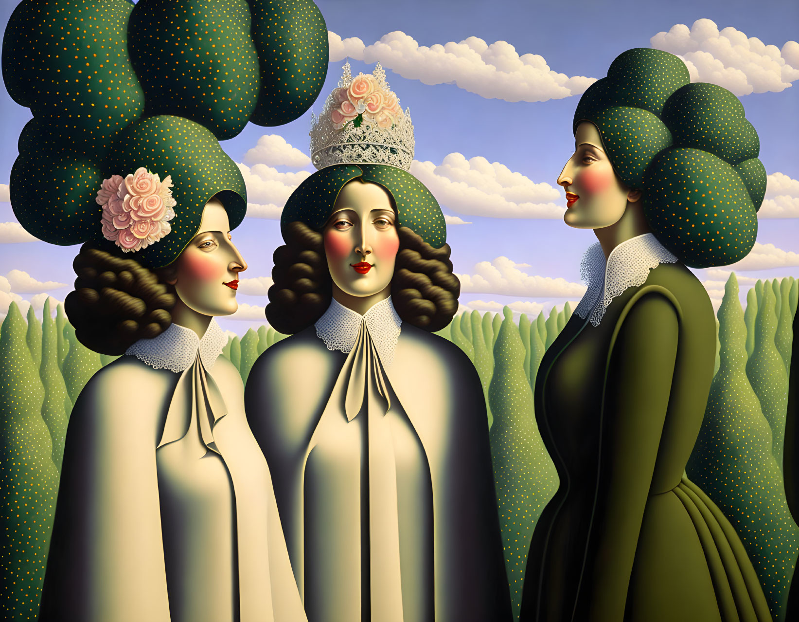 Three women with tree-like hairstyles in a patterned landscape under a cloudy sky.