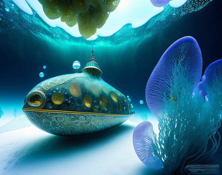 Ornate fantastical submarine among jellyfish and coral formations