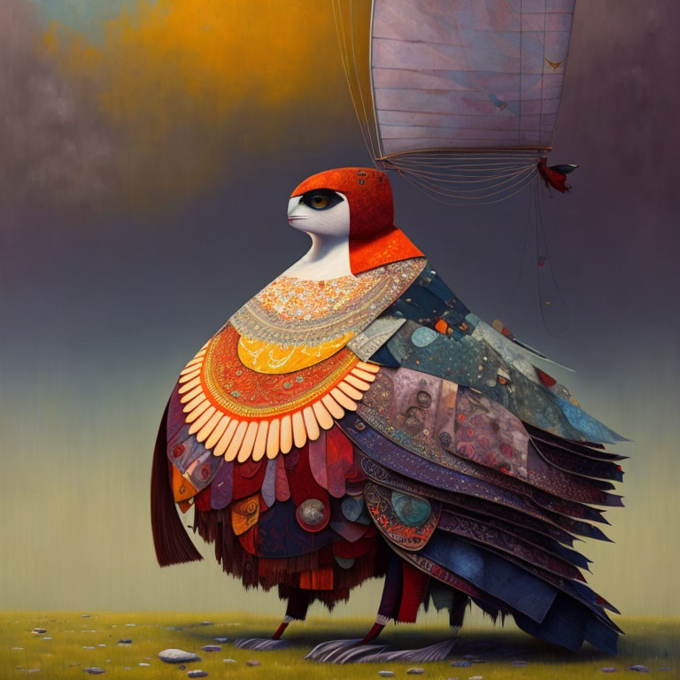 Anthropomorphic bird illustration in ornate clothing under stormy sky