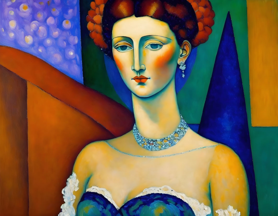 Colorful painting of stylized woman with solemn expression in vibrant blue, orange, and green shades,