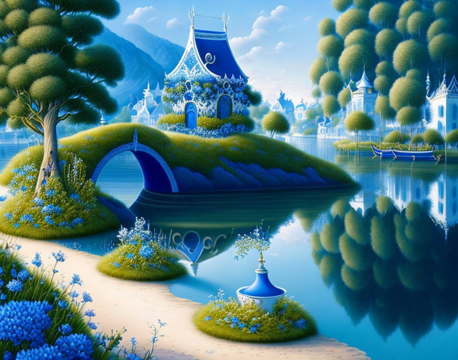 Vibrant Fantasy Landscape with Castles, Water, Trees, and Bridge