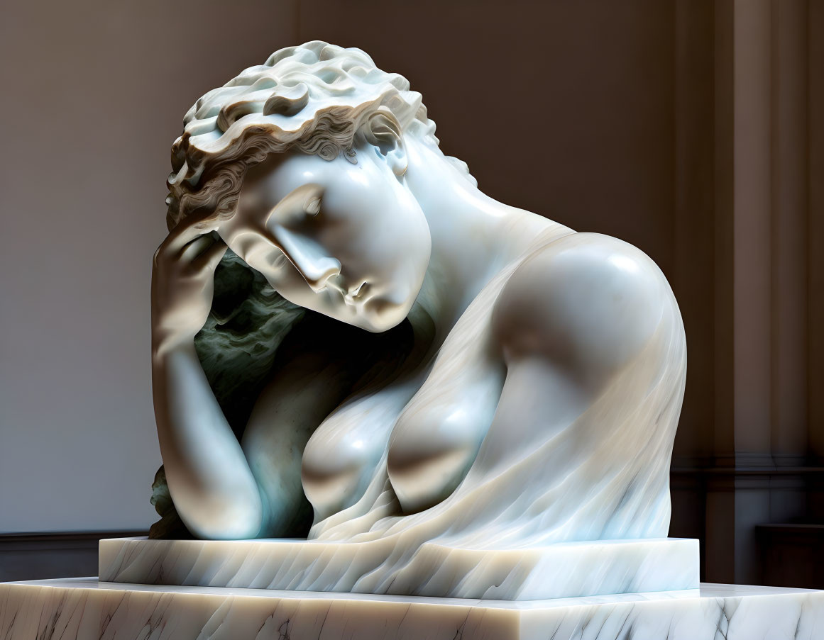 Marble sculpture of person in sorrowful pose with detailed classical carving