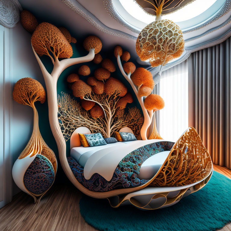 Fantastical Bedroom with Tree-Inspired Bed and Coral-Like Structures