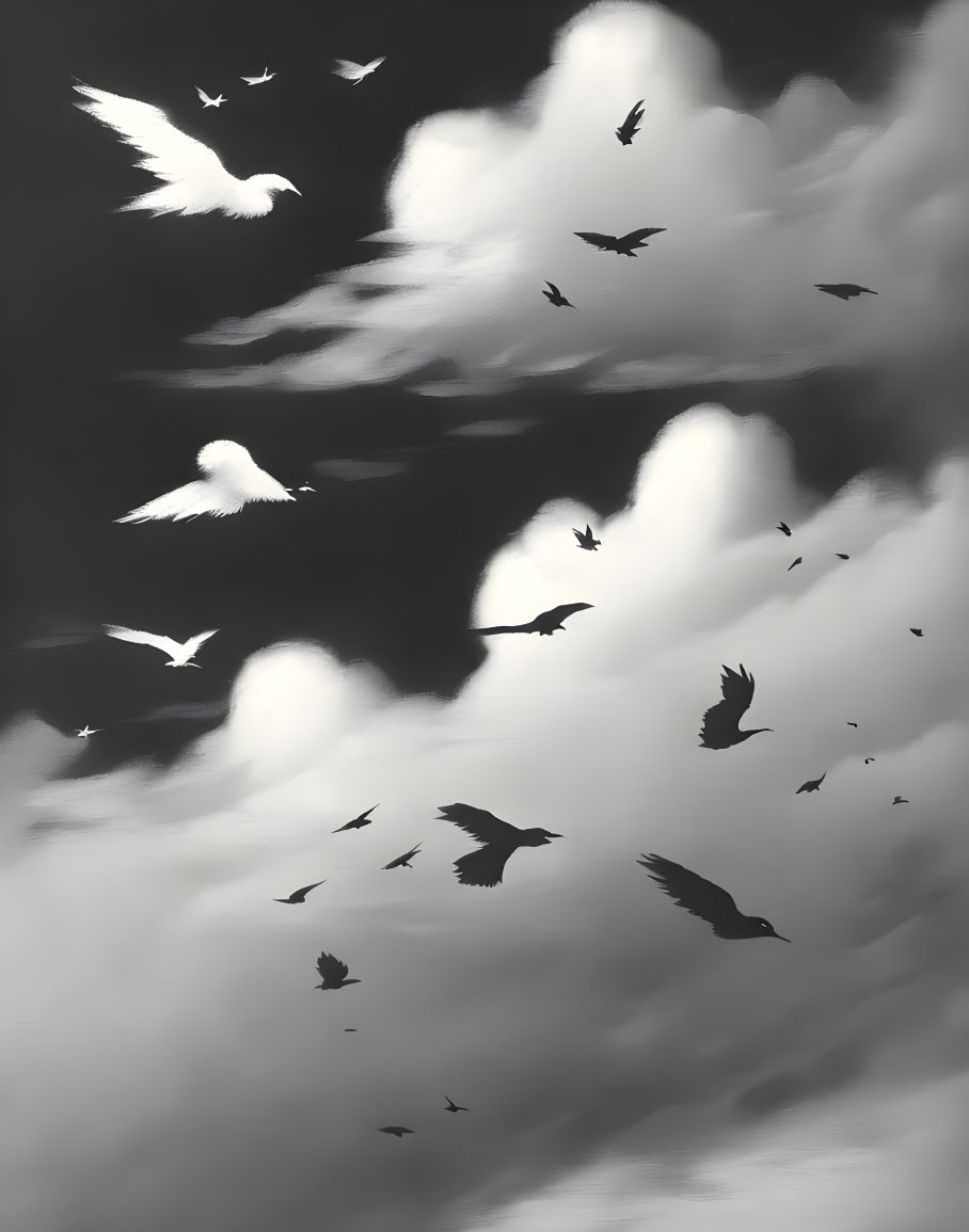 Dynamic grayscale image of birds in flight against dramatic sky