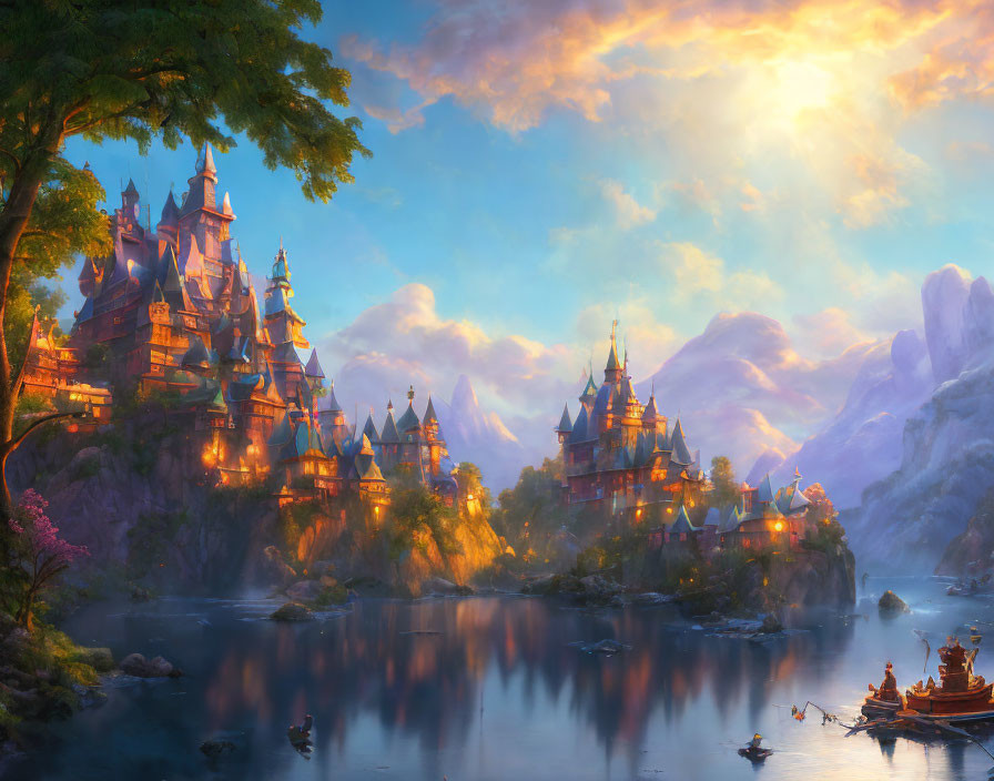 Majestic castle in illuminated fantasy landscape