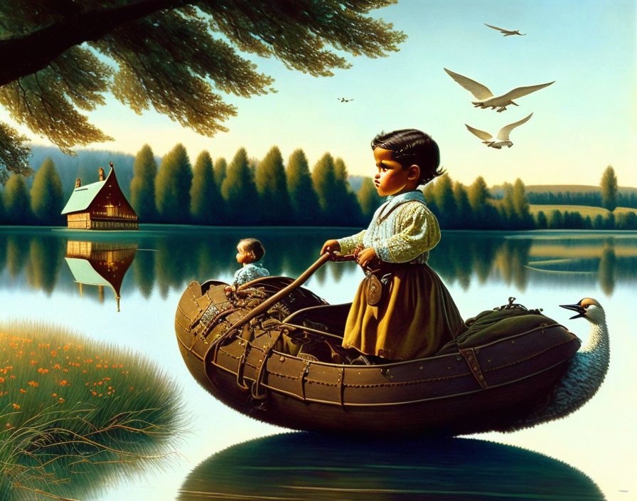 Young girl and boy on swan boat by calm waters with birds and trees reflecting