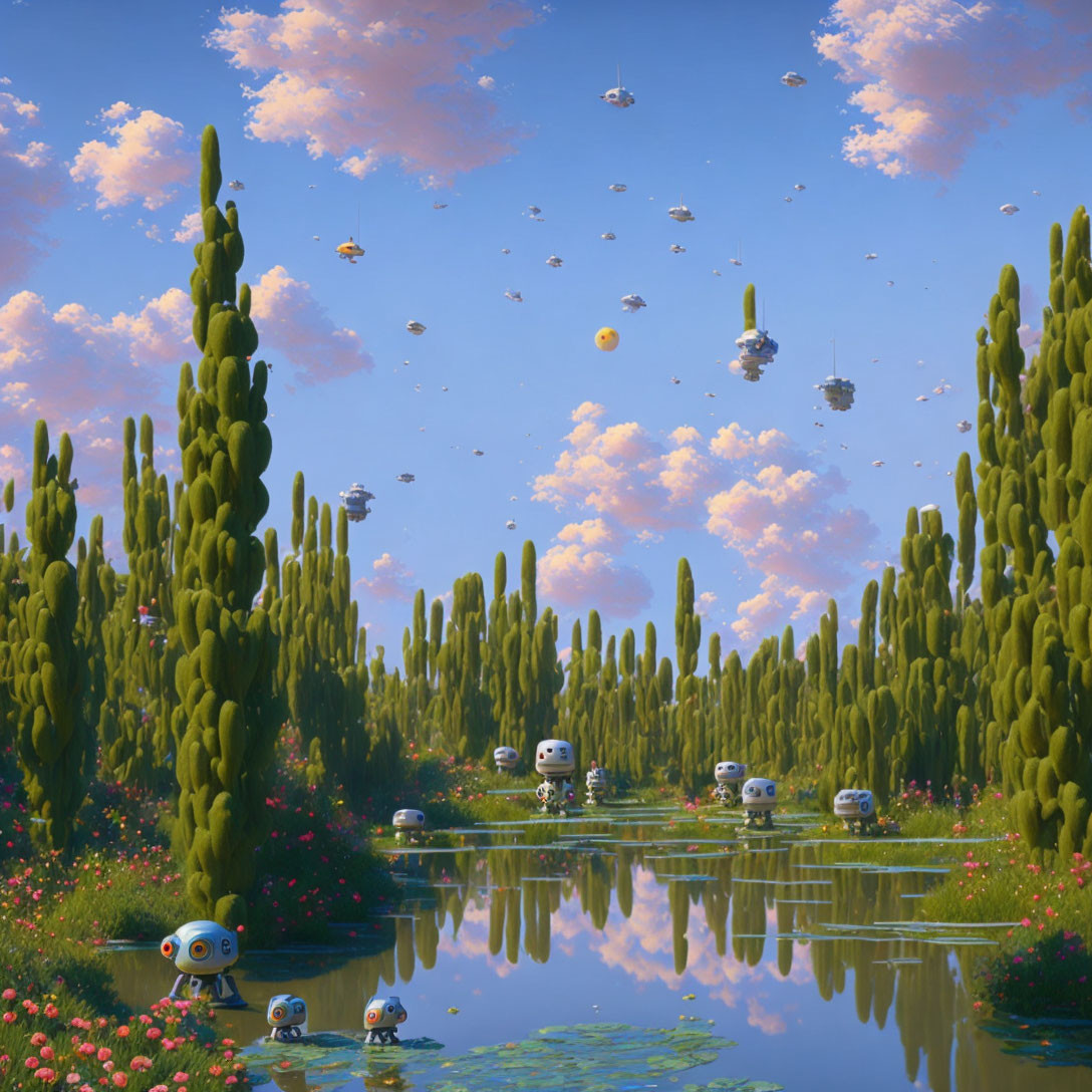 Tranquil landscape with blue sky, green trees, water, robots, and spacecraft.