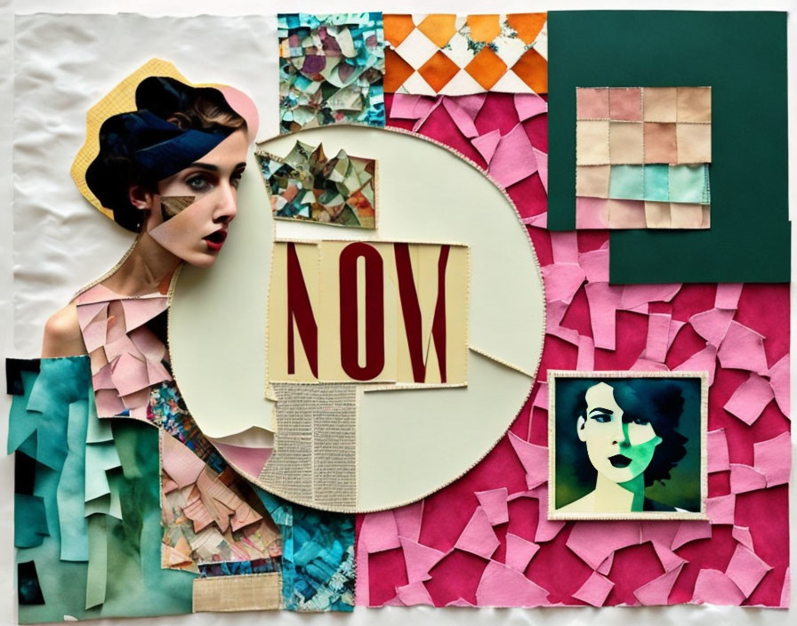 Colorful collage with woman's portrait, "NOW," patterns, and smaller image