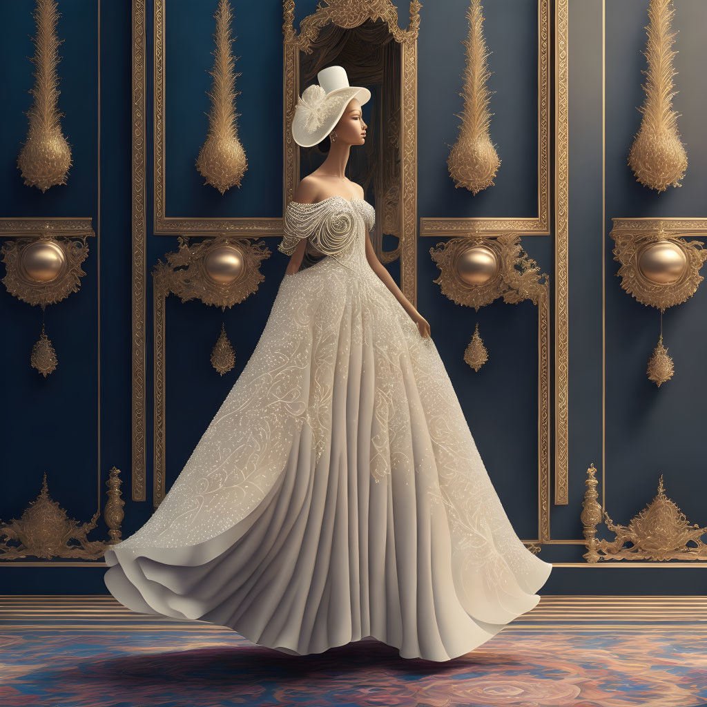 Elegant woman in lavish ball gown and hat in luxurious room with gold-framed mirrors and plush blue