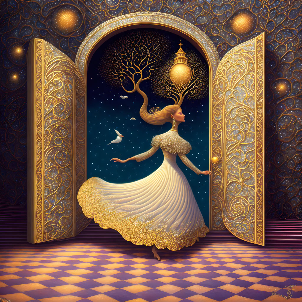 Ethereal woman with tree branch headpiece reaching for lantern among golden doors