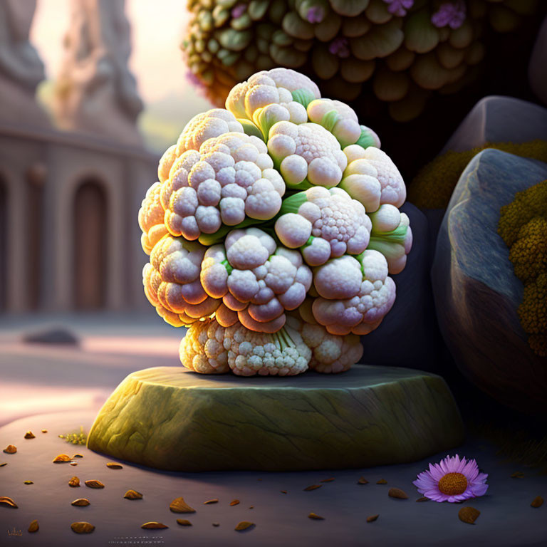 Anthropomorphic broccoli on rock in serene garden setting