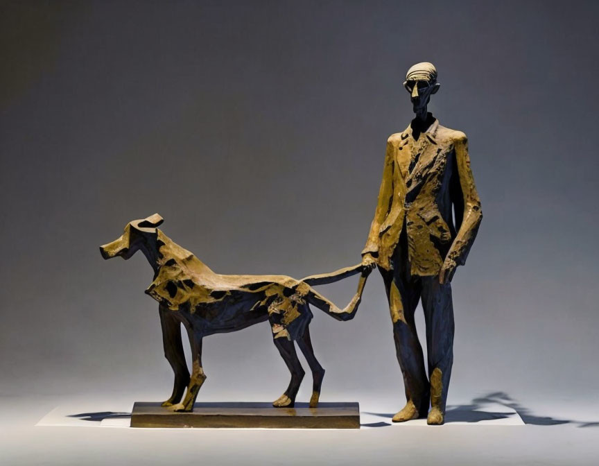 Abstract sculpture of slender figure walking dog