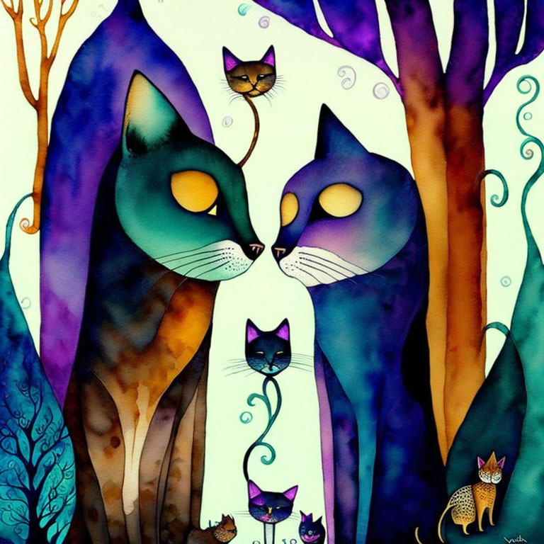 Vibrant Illustration: Large Cats in Whimsical Forest