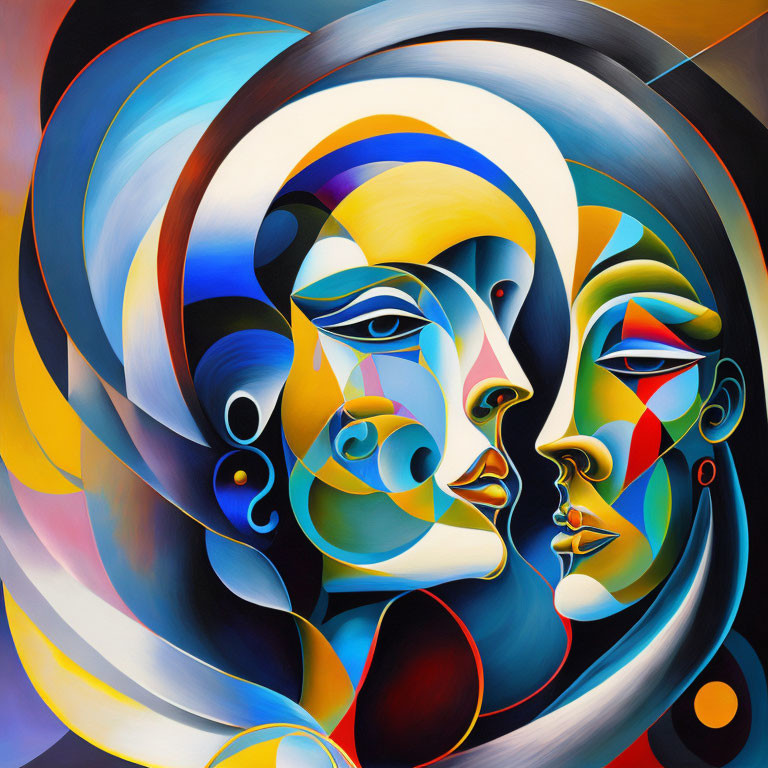 Colorful Abstract Art: Multiple Faces Intertwined in Surreal Composition