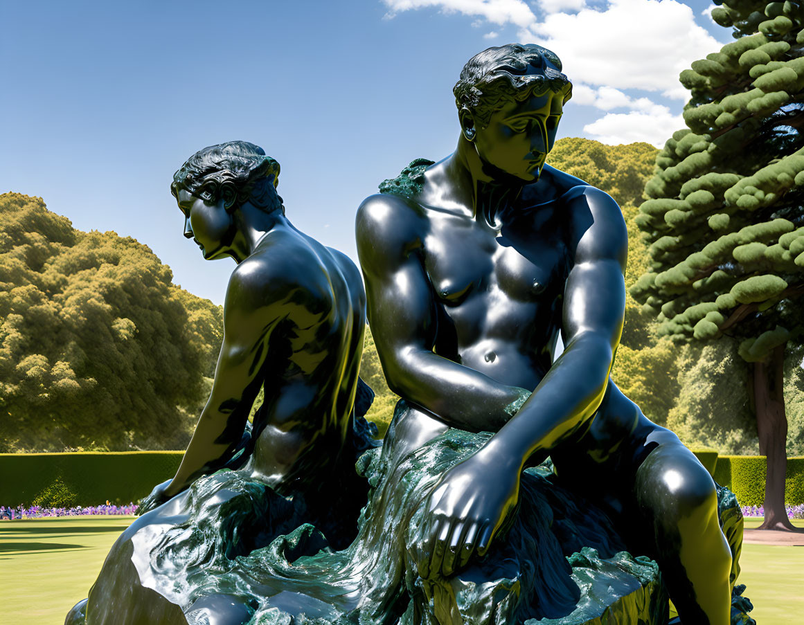 Glossy black statues of muscular men in serene park setting