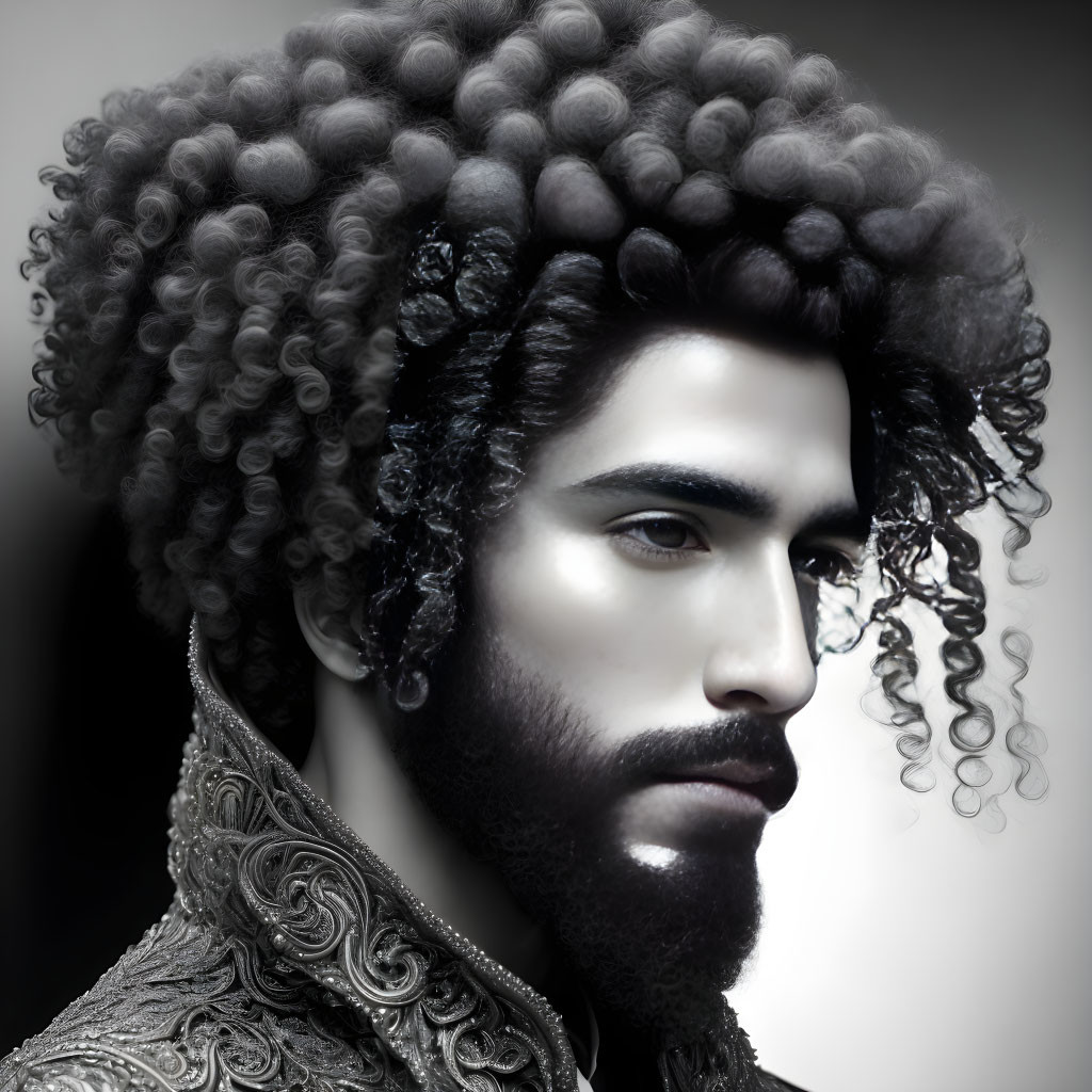 Monochromatic male figure with curly hair and baroque fashion details