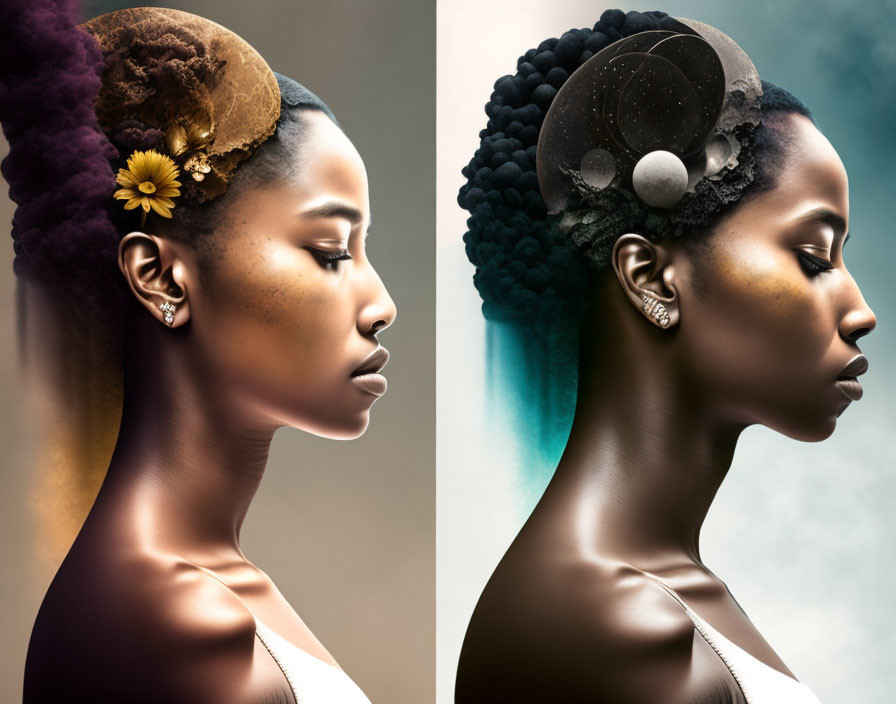 Contrasting portraits of a woman with sun and moon themes