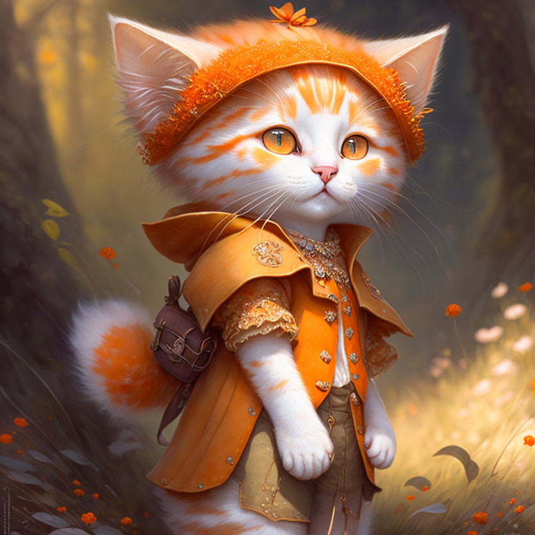 Anthropomorphic cat in orange outfit in autumn forest