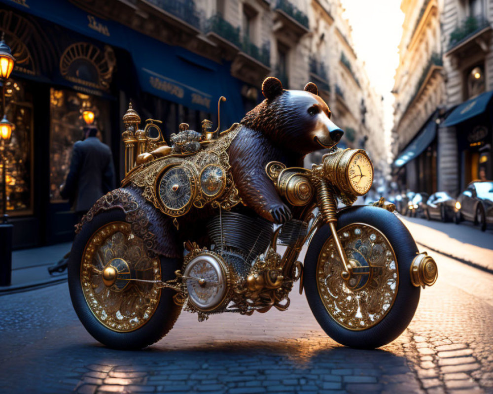 Steampunk-style motorcycle with bear rider parked on European city street