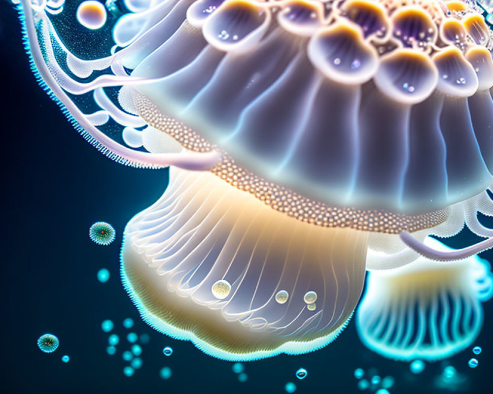 Vivid Bioluminescent Jellyfish Illustration in Dark Blue Ocean Environment