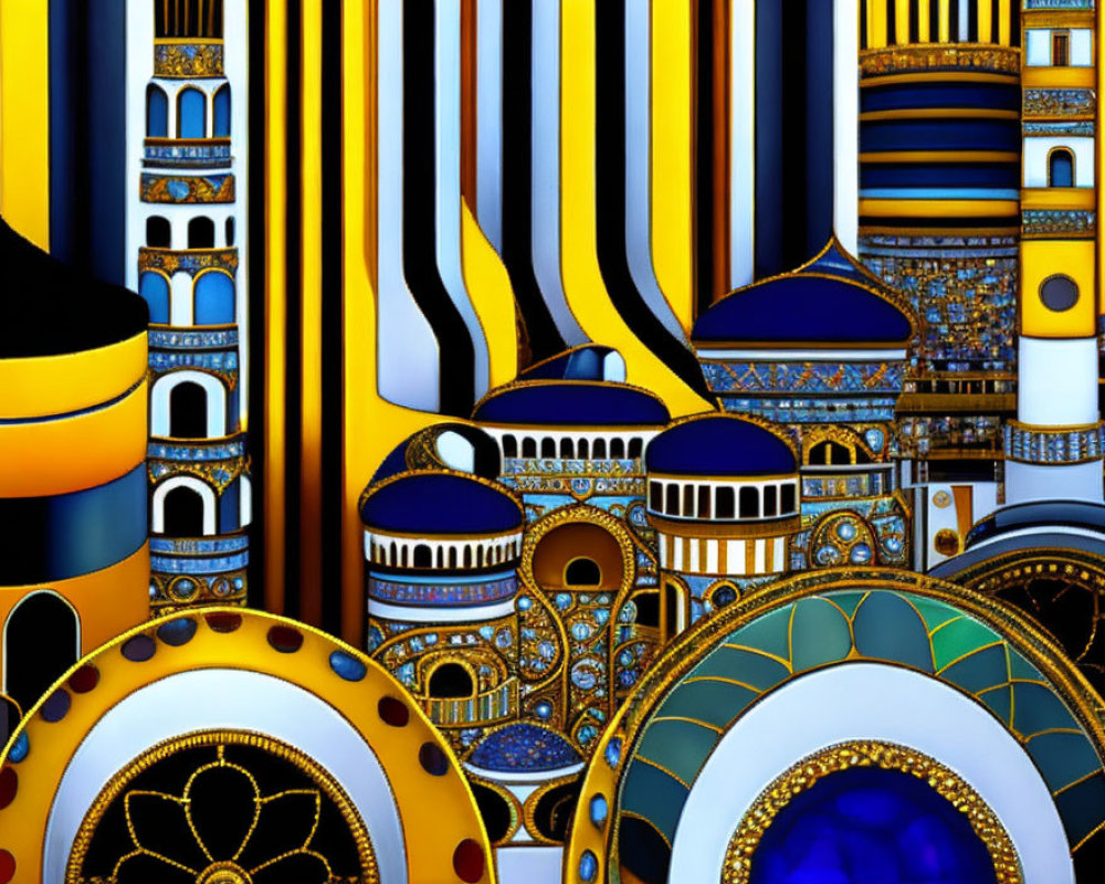 Abstract Digital Art: Geometric Patterns in Blue & Gold