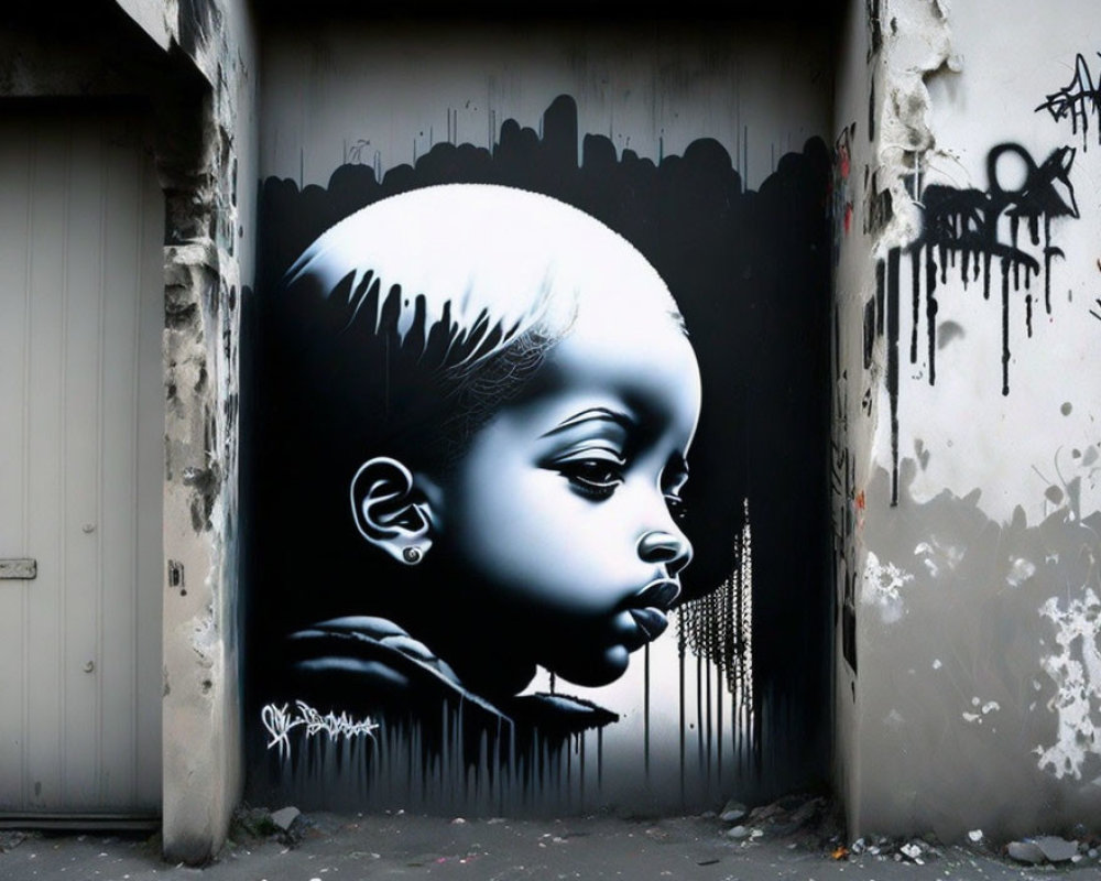 Monochromatic street art mural of a child's face against a dripping paint backdrop