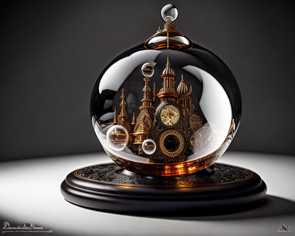 Steampunk-style cityscape in transparent spheres on dark gradient background