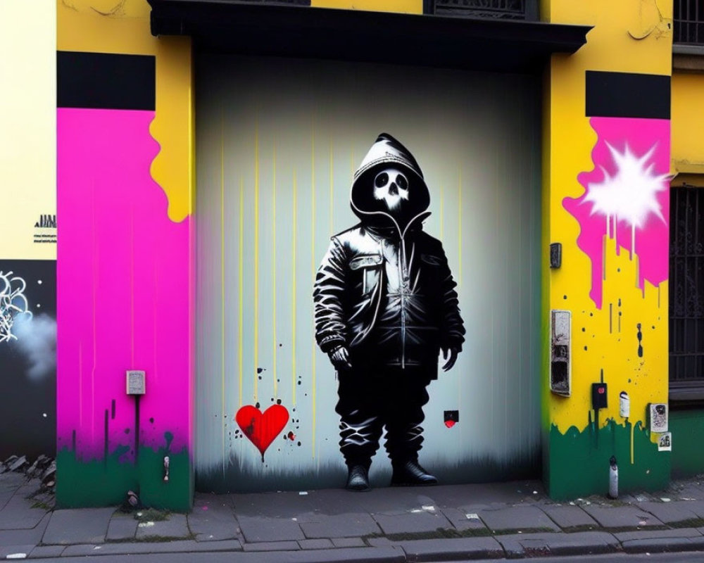 Child in hoodie and skull mask graffiti on vibrant garage door with red heart and star shapes